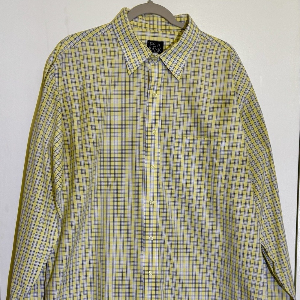 Jos. A. Bank Traveler's Collection Men's Yellow Blue Plaid Dress Shirt XL 36